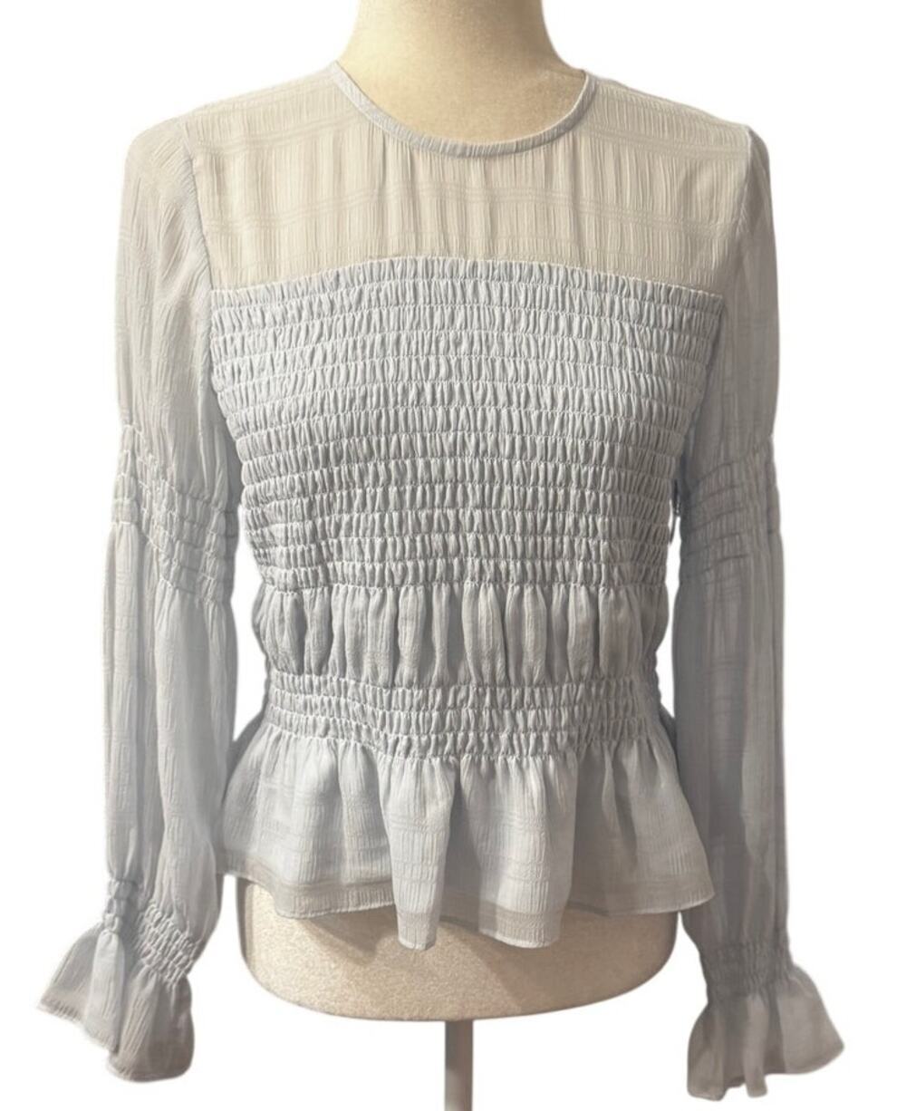 AllSaints Pamela Smocked Peplum Blouse Light Blue Size US 6 UK 10 EU 38